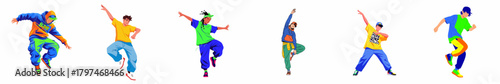 Colorful Freestyle Hip Hop Dancer Poses in Various Energetic Action Isolated