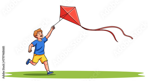 A young boy joyfully runs while flying a vibrant red kite in a grassy field.