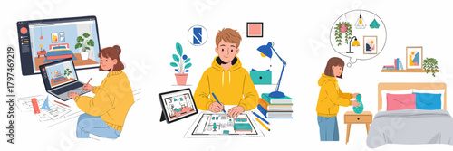 Illustrated Creative Diverse People Study and Decorate Room Interior Illustration