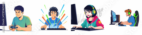 Cartoon Style Collection of People Playing Online Games at Computer