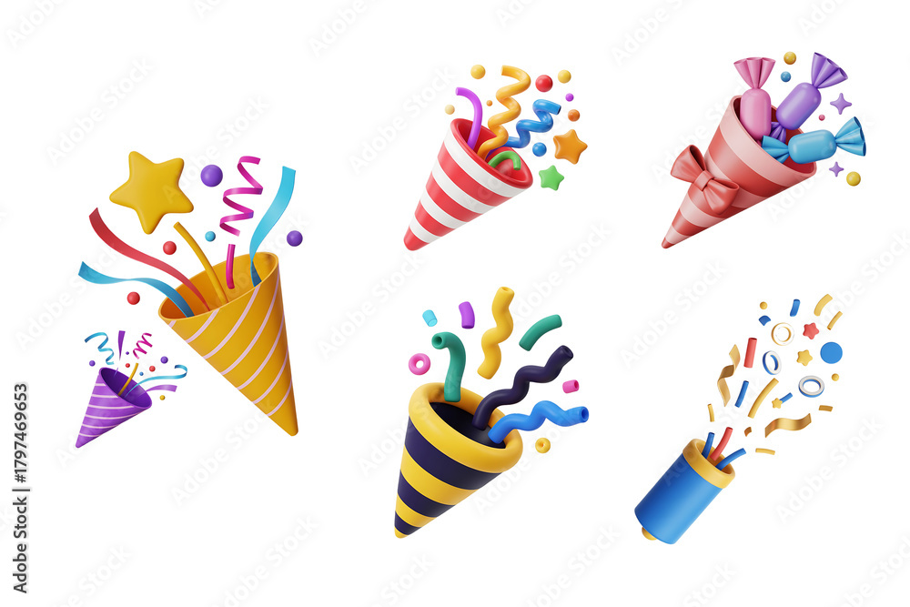 Obraz premium 3d party poppers and celebration cones collection isolated on transparent background