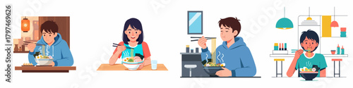 Flat Illustration Group of People Enjoying Noodle at Restaurant Collection