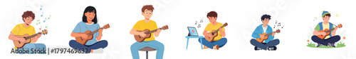 Flat Illustration Collection People Playing Ukulele Instrument in Various Poses Style