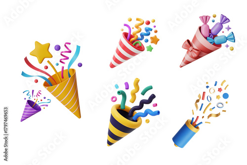 3d party poppers and celebration cones collection isolated on transparent background