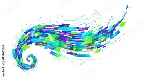 Dynamic Swirl of Colorful Geometric Fragments and Lines.