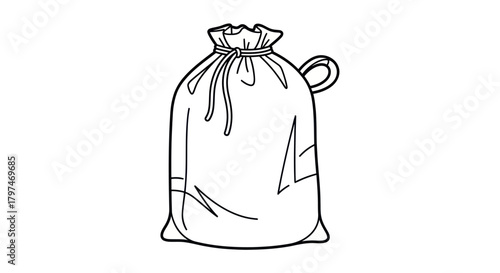 Simple Line Art Illustration of a Sack with Drawstring and Handle.
