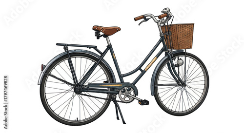 Classic Black Bicycle with Wicker Basket and Leather Seat.