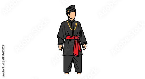 Traditional Malay Man in Black Baju Melayu Attire Vector Illustration.