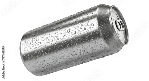 Silver Aluminum Can Covered in Water Droplets beverage can