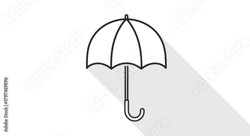 Simple Outline Drawing of an Open Umbrella with a Long Shadow.