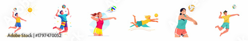 Flat Illustration Set of Beach Volleyball Player in Action Sport Activity
