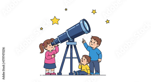 Children observing the night sky through a telescope.