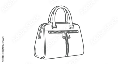 Stylish womens satchel handbag with top handles and a front zipper pocket depicted as a simple line art illustration.