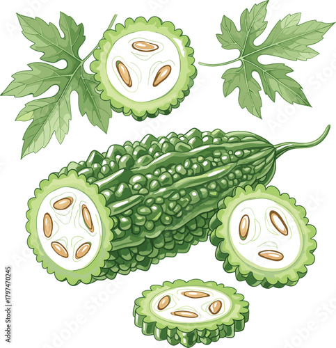 Realistic Cut Bitter Melon or Karela Fruit with Seeds and Leaves Vector Illustration - Asian Vegetable Graphic