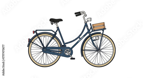 Classic dark blue Dutch-style bicycle with front wicker basket.