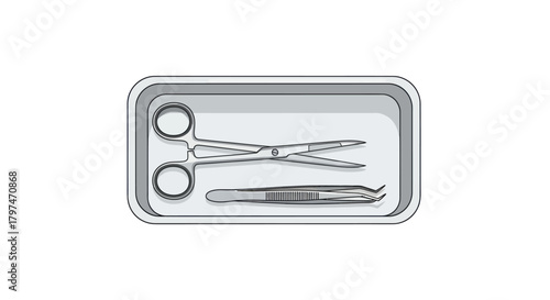 Surgical Instruments in a Metal Tray: Forceps and Scissors.