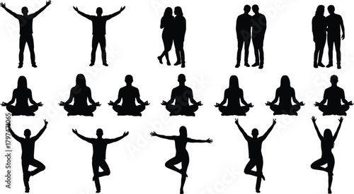 Collection of diverse human silhouettes practicing yoga meditation poses, tree poses, and couple standing figures for fitness wellness illustration design