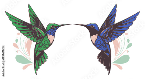 Two hummingbirds facing each other with intricate patterns and vibrant colors, set against a decorative background.