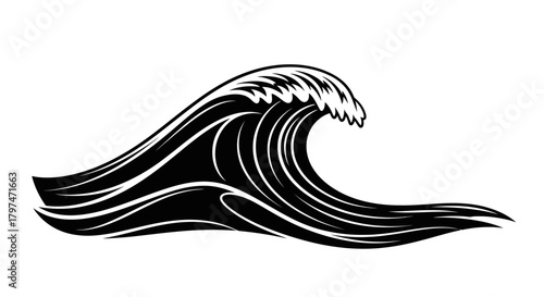 A stylized black and white illustration of a large, powerful ocean wave cresting and breaking.