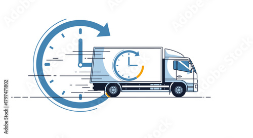 Illustration of a white delivery truck moving quickly with a large clock icon, symbolizing fast and timely shipping service.