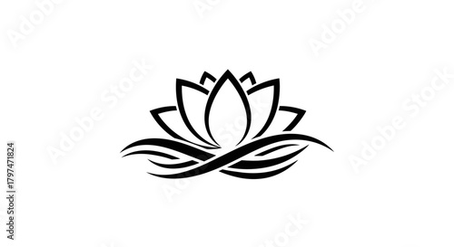 Black and white illustration of a lotus flower with detailed petals and water waves.