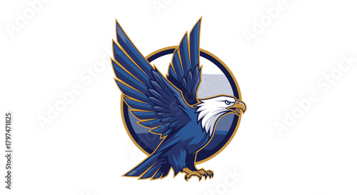 Illustration of an eagle with blue wings and a yellow beak against a circular background.