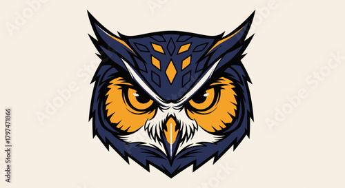 A detailed illustration of an owl's face, featuring intricate patterns and a focused gaze.