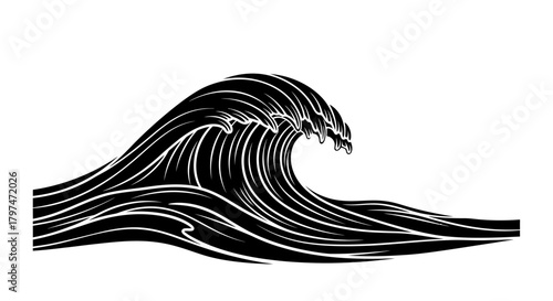 A stylized black and white graphic illustration of a powerful, cresting ocean wave isolated on a white background.