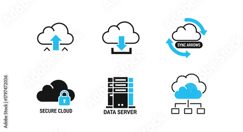 Cloud Computing Data Server Icons Set Upload Download Sync Security