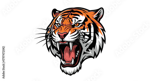 A fierce tiger with its mouth open, showing sharp teeth and a menacing expression, rendered in a bold, graphic style.