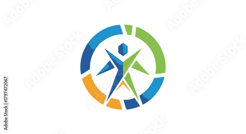 A vibrant logo featuring a stylized human figure within a segmented circular design, representing growth and progress.