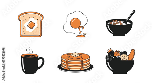 Black and Orange Breakfast Icons Food Collection Coffee Pancakes Fruit Cereal