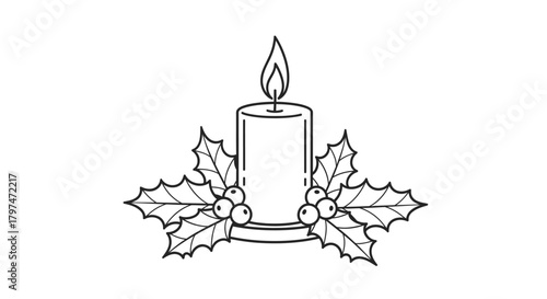 A detailed black and white illustration of a lit candle surrounded by holly leaves and berries.