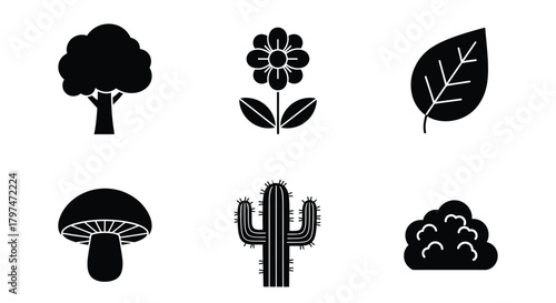 Plant icons set tree flower leaf cactus mushroom silhouette