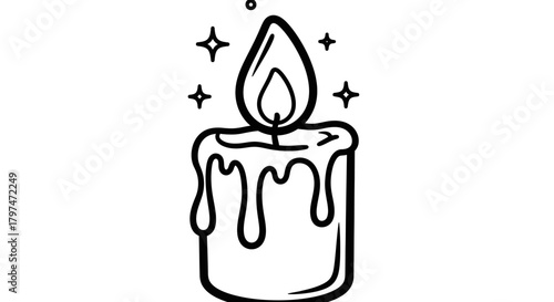 Black and white line art drawing of a lit candle with melting wax and sparkling flame, perfect for coloring pages or simple illustrations.