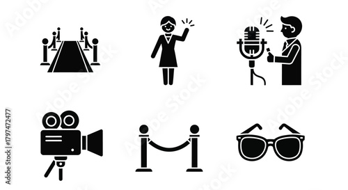 Entertainment Industry Event Icons Red Carpet Movie Camera Microphone Sunglasses Collection