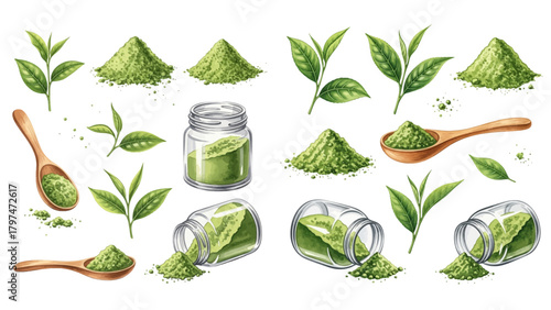 Realistic vector illustration set of fresh green tea leaves and matcha powder in piles, wooden spoons, and glass jars, showcasing natural healthy ingredients.