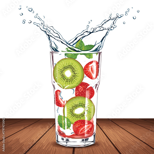Realistic Infused Water Drink with Kiwi, Strawberry, and Mint Splash Vector Illustration - Detox Health Graphic