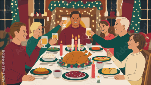 Family cheers drinks toasting in dining room celebrating happy new year feast