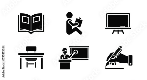 School and Education Icons Set Learning Symbols Reading Writing Teacher Desk