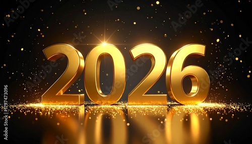 Golden Moment: Bold 3D “2026” Stands Illuminated on a Reflective Surface, Surrounded by Sparkles and Glitter in a Dramatic Scene of Celebration, Luxury, and New Year Grandeur