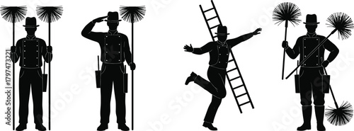 chimney, sweep, silhouette, worker, brush, ladder, hat, uniform, traditional, pose, black, figure, job, tool, illustration, graphic, design, profession, motion, salute, jump