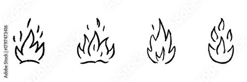 Fire Flame Line Icon Set In Doodle Style. Heat, Energy, And Passion Symbol Outline Sketch Collection. Hand Drawn Isolated Vector Illustration