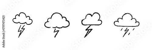Cloud With Lightning Line Icon Set In Doodle Style. Weather Forecast, Storm Warning, And Thunderstorm Symbol Outline Sketch Collection. Hand Drawn Isolated Vector Illustration