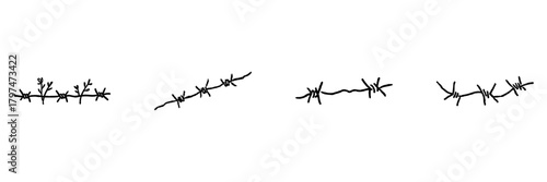 Barbed Wire Line Icon Set In Doodle Style. Security, Protection, And Boundary Symbolism Outline Sketch Collection. Hand Drawn Isolated Vector Illustration