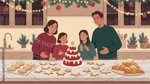 Family making sweets in kitchen for holiday with cookies and croissants