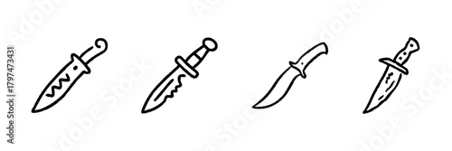 Knife Collection Line Icon Set In Doodle Style. Weaponry, Survival Tools, And Outdoor Equipment Outline Sketch Collection. Hand Drawn Isolated Vector Illustration