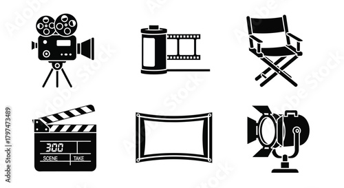 Film Production Icons Set Cinema Equipment Camera Clapperboard Spotlight Director Chair