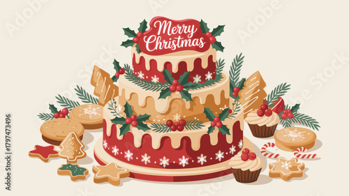 Festive cake and cookies decorated with icing, holly and candies for winter feast