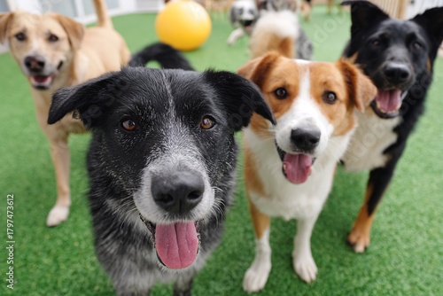Group of happy dogs playing together at a pet daycare facility